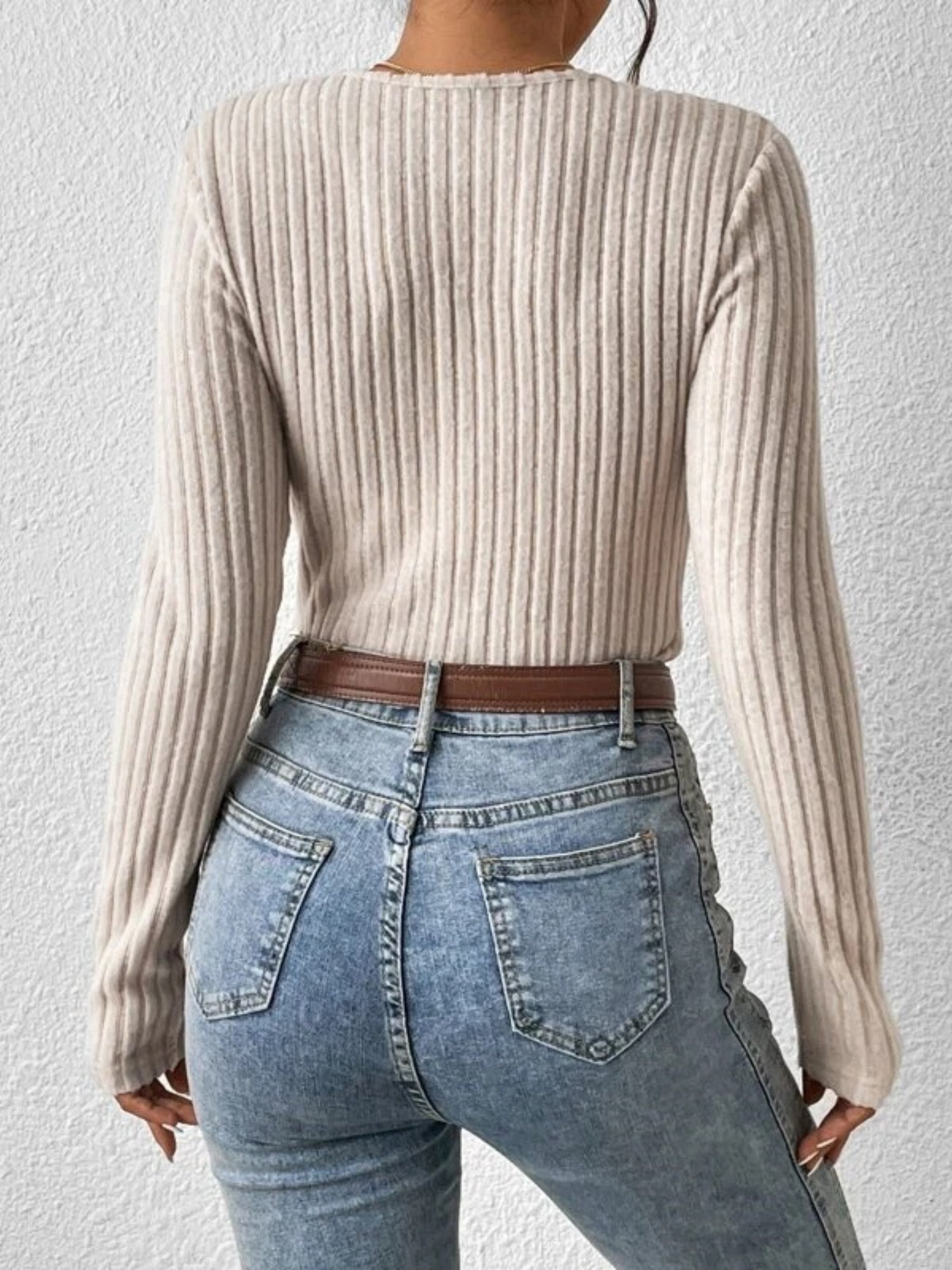 V-neck Crossover Long-sleeved Brushed Ribbed Sweater