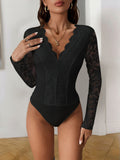 Openwork Lace Long-sleeved V-neck Trim Bodysuits