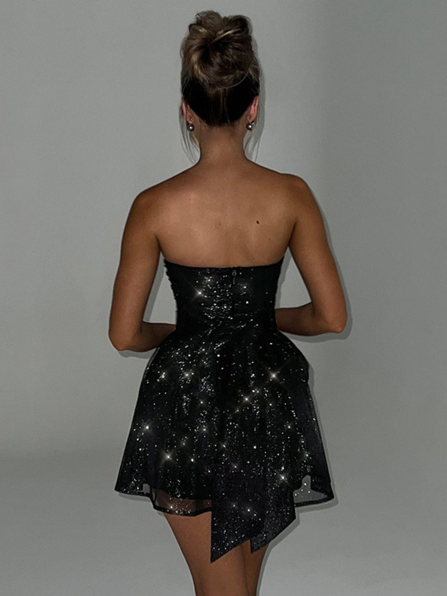 Bow Sequins Mesh Off-shoulder Mini Dresses