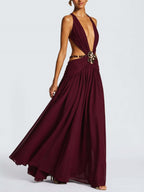 Halter Neck Deep V Lace-up Backless Sexy High Slit Metal Decoration Maxi Dresses