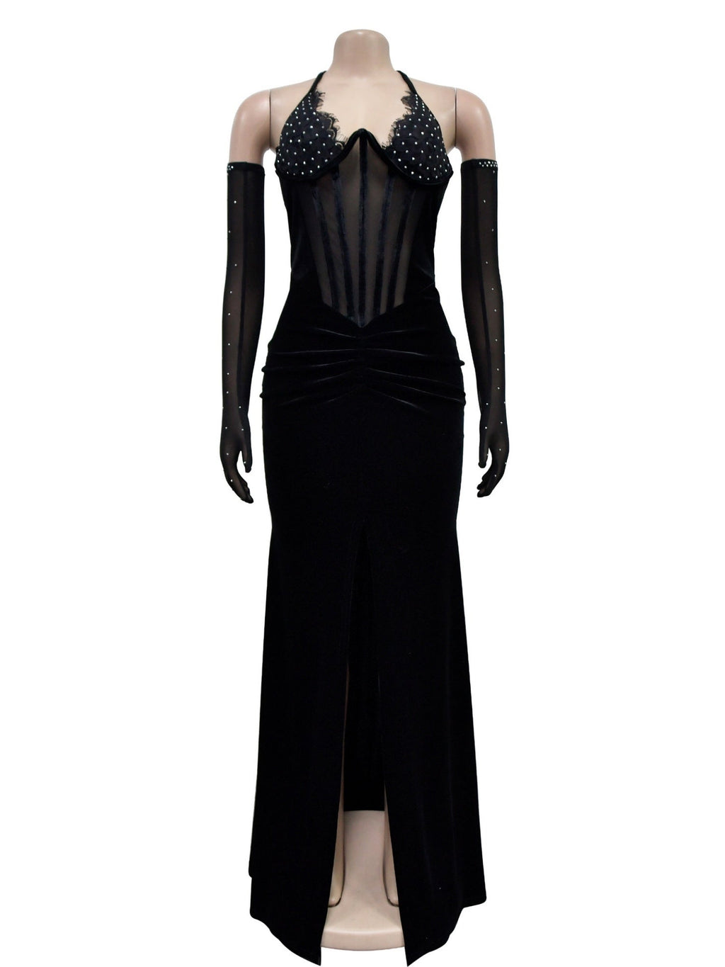 Lace And Velvet Patchwork Rhinestone-studded Evening Gown Mesh See-through Halter Neck Slit Maxi Dresses