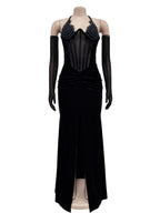Lace And Velvet Patchwork Rhinestone-studded Evening Gown Mesh See-through Halter Neck Slit Maxi Dresses