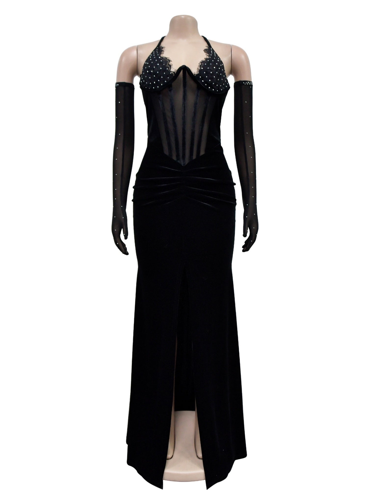 Lace And Velvet Patchwork Rhinestone-studded Evening Gown Mesh See-through Halter Neck Slit Maxi Dresses
