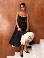 Sweetheart Corset Spaghetti Strap Satin A-Line Tulle Petticoat Midi Dress