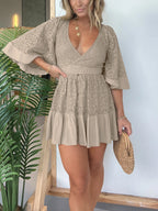 Lace Overlay Wrap V-Neck Smocked Waist Button Front Mini Romper