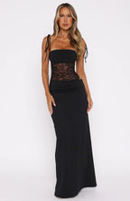 Tie Shoulder Strap Floral Lace Sheer Waist Bandeau Maxi Gown