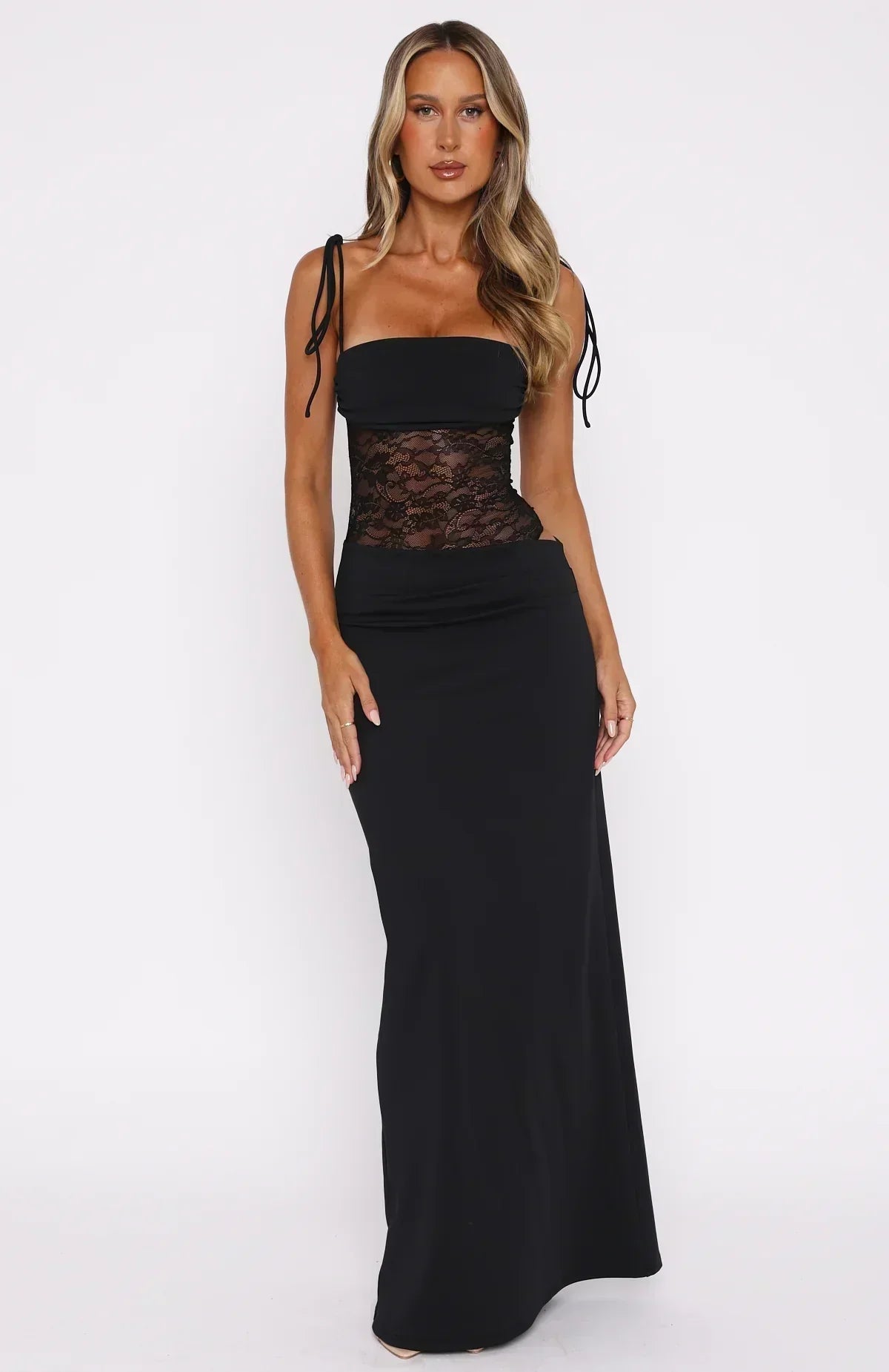 Tie Shoulder Strap Floral Lace Sheer Waist Bandeau Maxi Gown