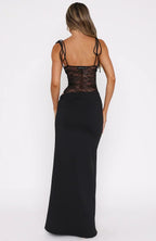 Tie Shoulder Strap Floral Lace Sheer Waist Bandeau Maxi Gown