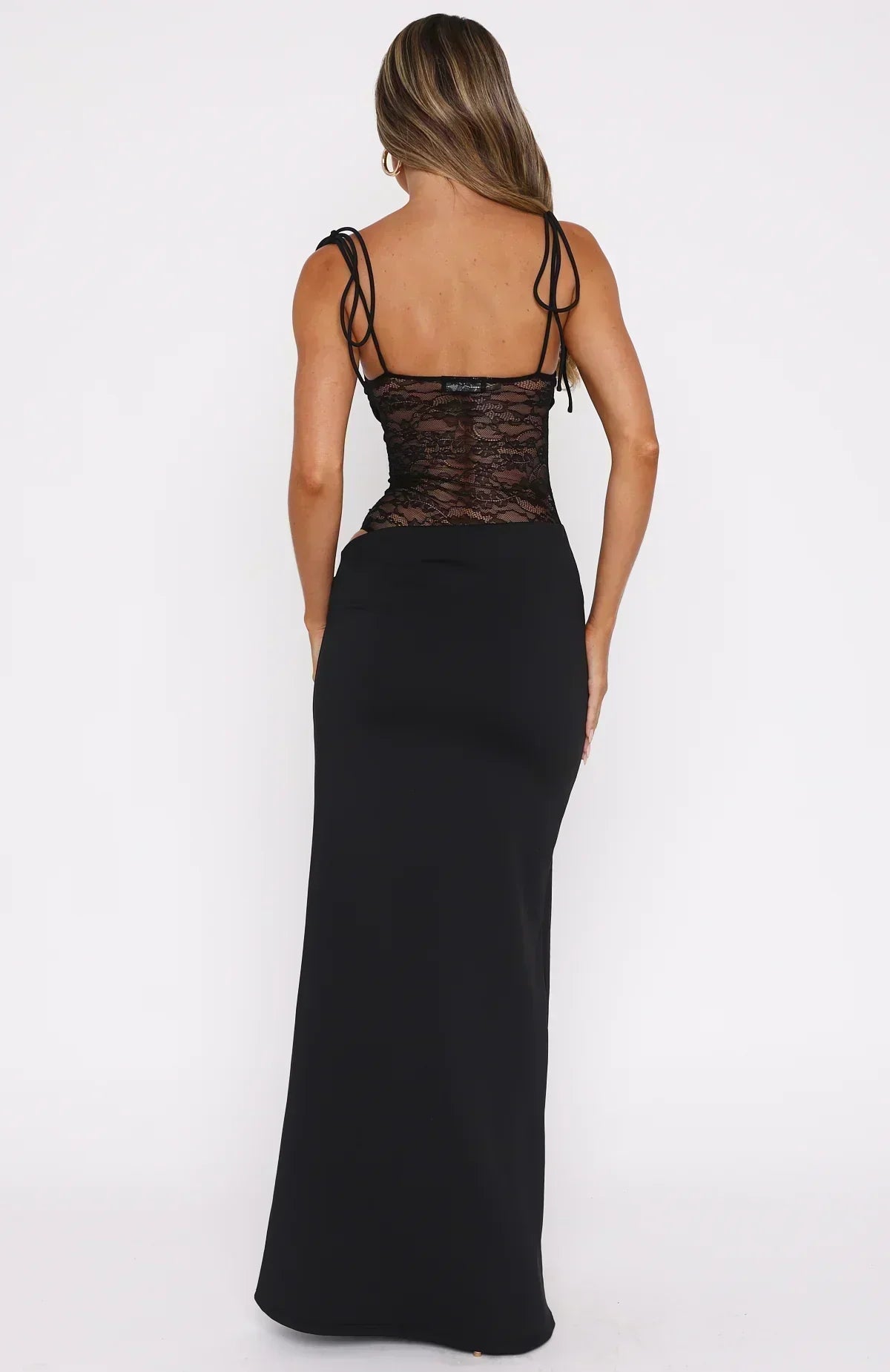 Tie Shoulder Strap Floral Lace Sheer Waist Bandeau Maxi Gown