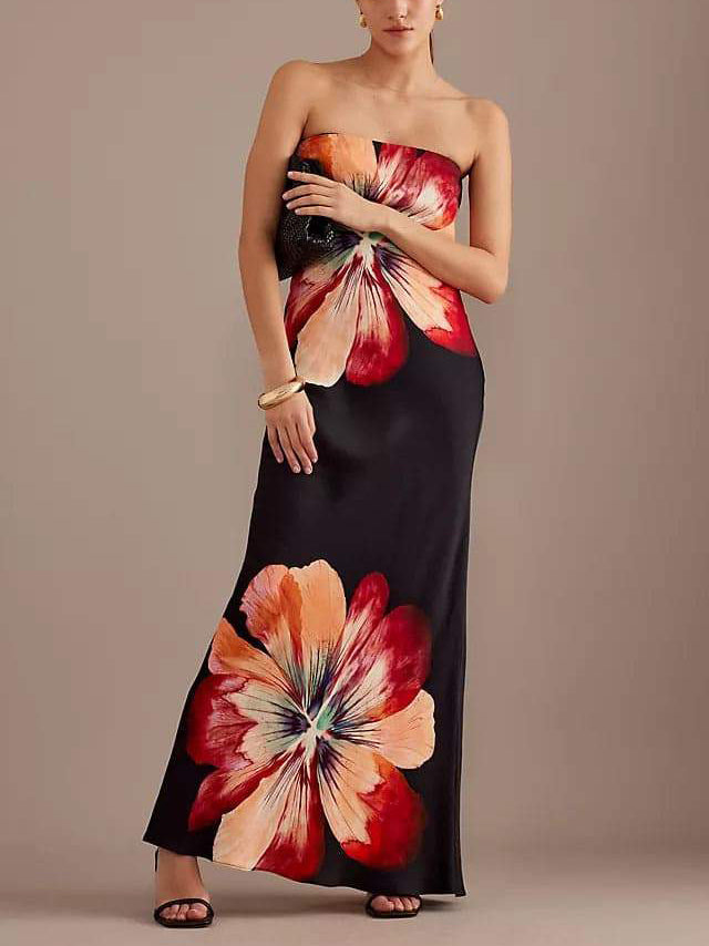 Floral Print Strapless Column Maxi Dress