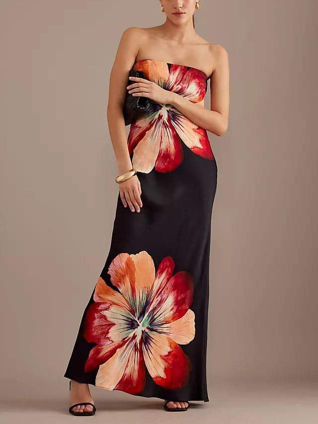 Floral Print Strapless Column Maxi Dress