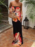 Floral Print Strapless Column Maxi Dress