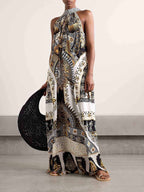 Ornate Scenic Print Halter Neck Draped Maxi Dress