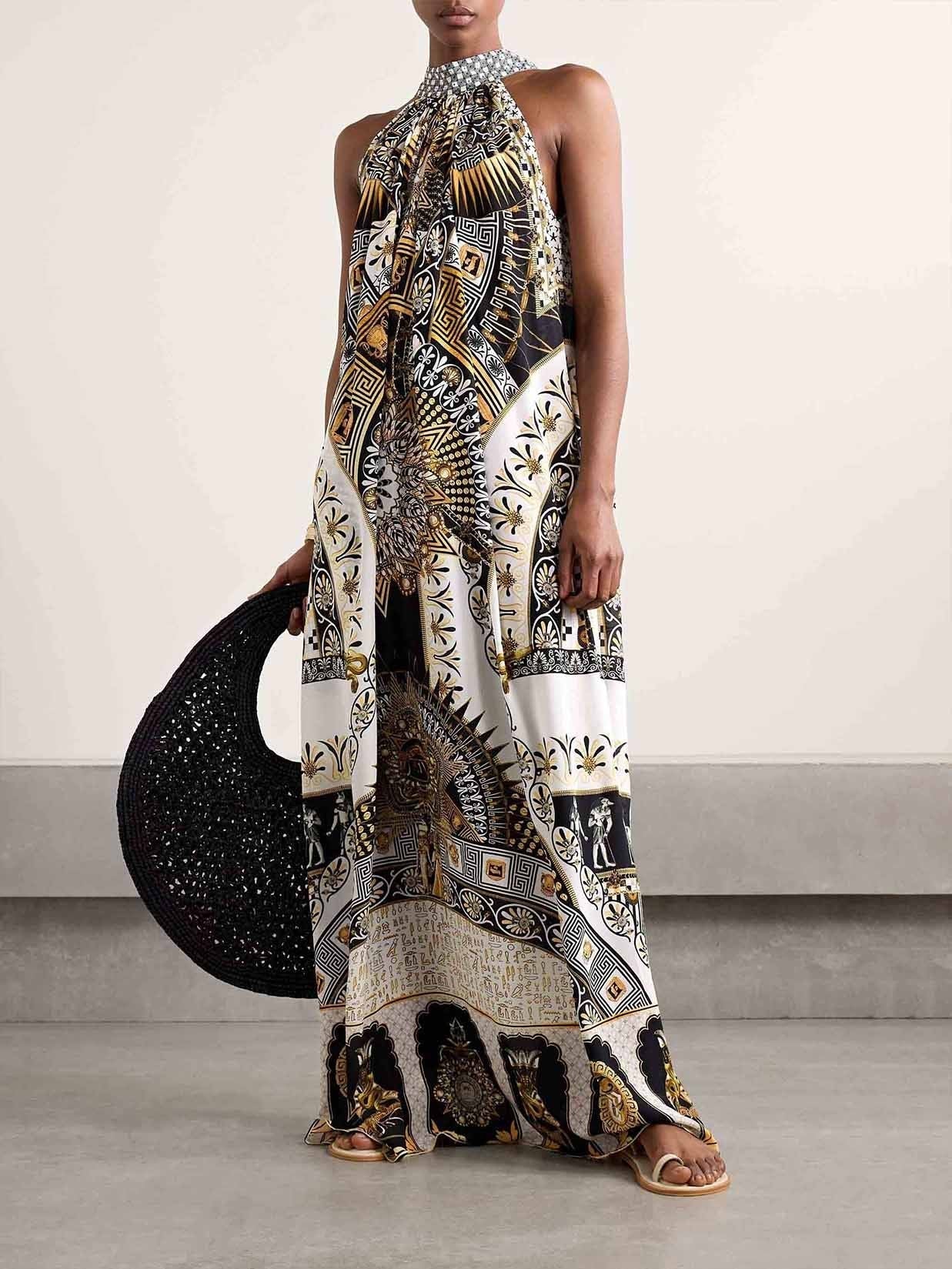 Ornate Scenic Print Halter Neck Draped Maxi Dress