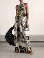 Ornate Scenic Print Halter Neck Draped Maxi Dress