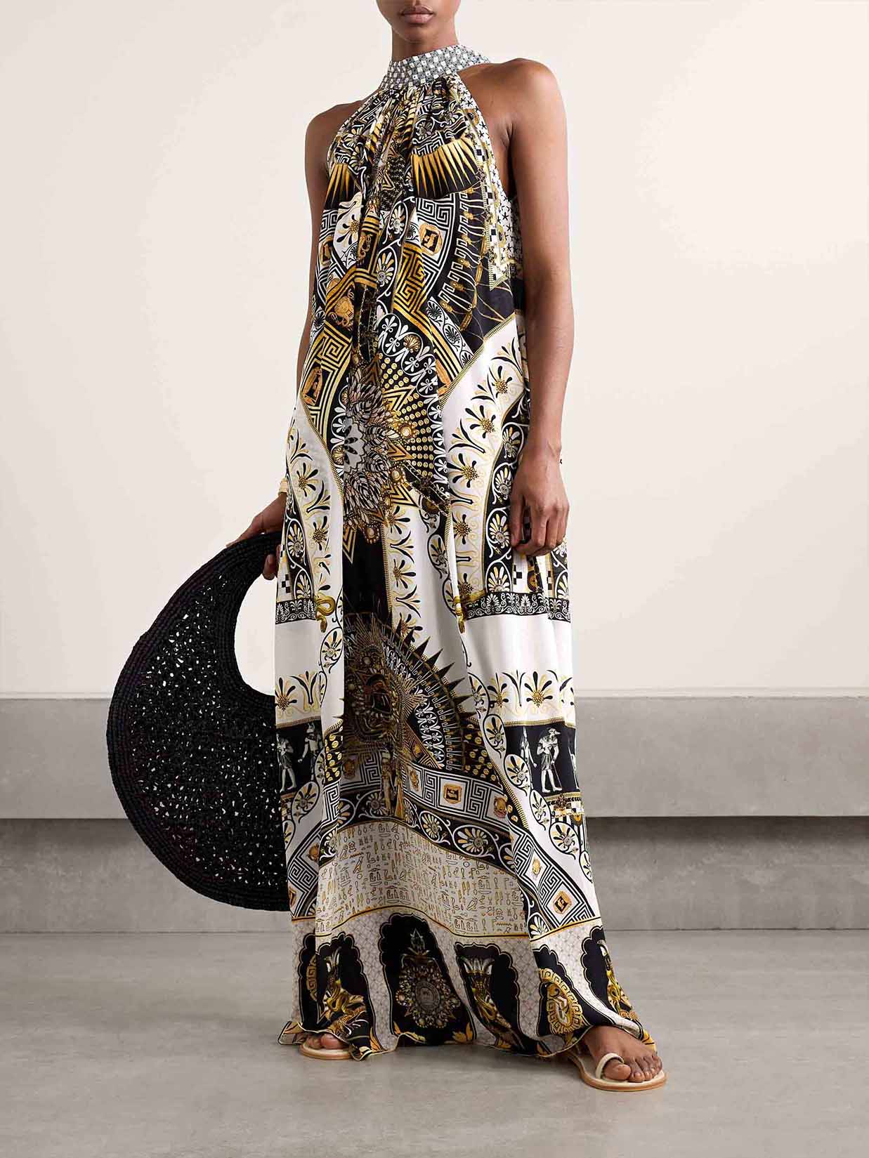 Ornate Scenic Print Halter Neck Draped Maxi Dress