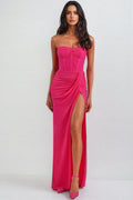 Amabel Solid Corset Split Maxi Dress-Pink