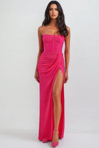Amabel Solid Corset Split Maxi Dress-Pink