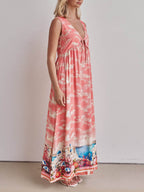Wide Strap V-Neck Tie Front Cloud Print Scenic Border Maxi Dress