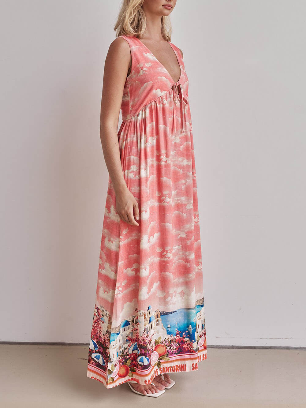 Wide Strap V-Neck Tie Front Cloud Print Scenic Border Maxi Dress