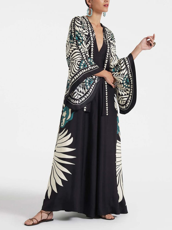 Mock Neck Bell Sleeve Graphic Floral Print Maxi Dress