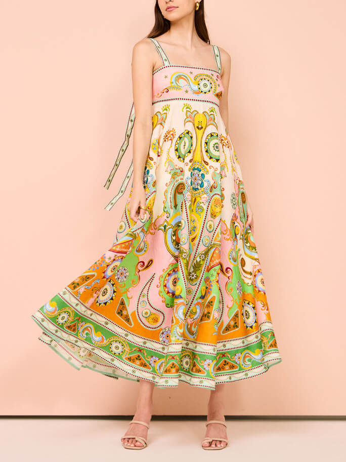 Paisley Print Spaghetti Strap Fit and Flare Maxi Dress