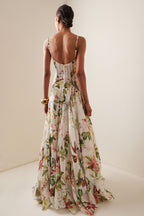 Botanical Fruit Floral Print Corset Bodice Spaghetti Strap Maxi Gown
