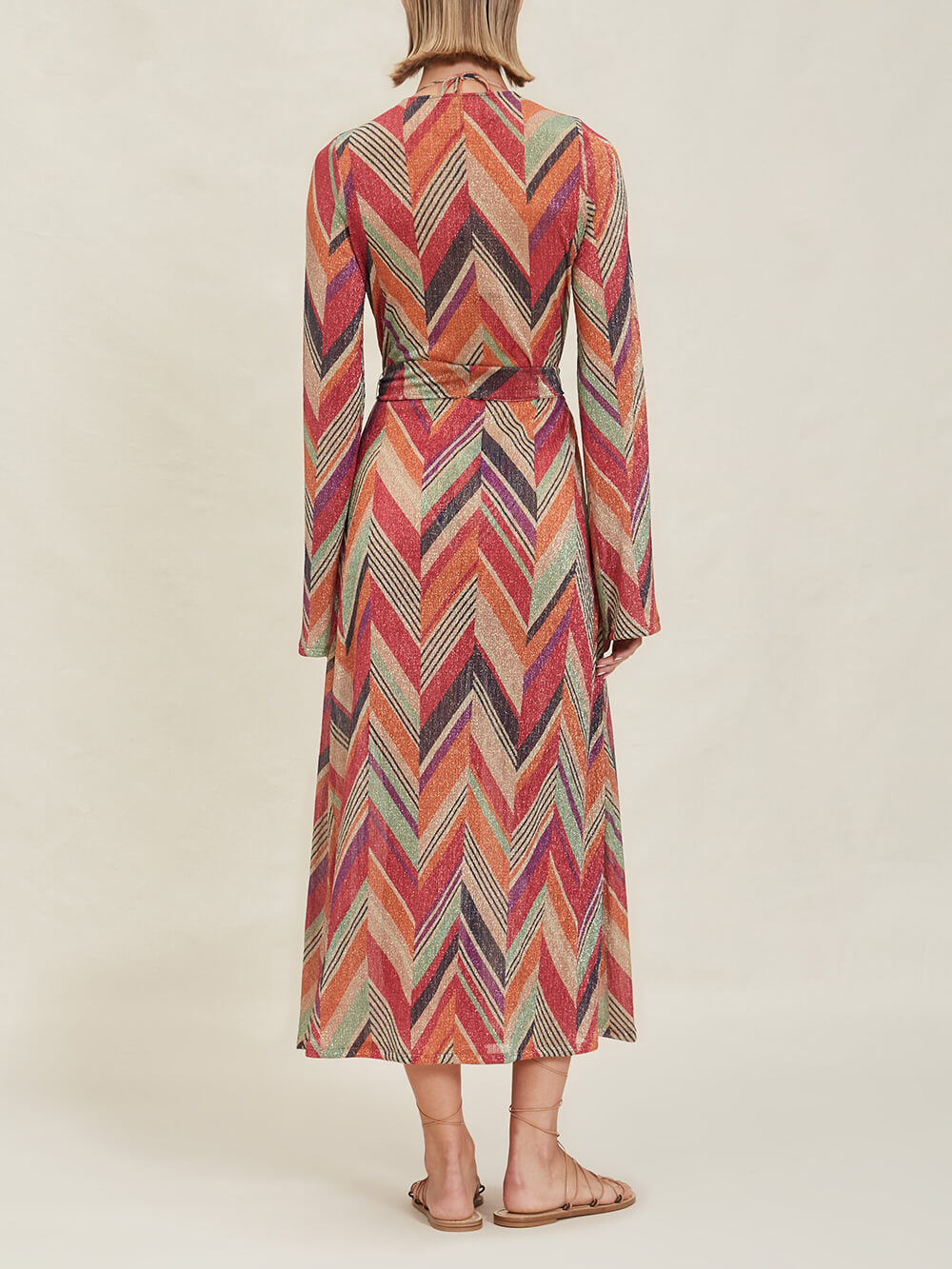 Chevron Geometric Print Bell Sleeve Wrap Tie Waist Maxi Dress