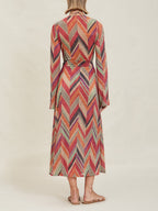 Chevron Geometric Print Bell Sleeve Wrap Tie Waist Maxi Dress