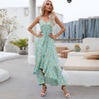 Floral Print Spaghetti Strap V-Neck Button Front Tiered Ruffle Maxi Dress