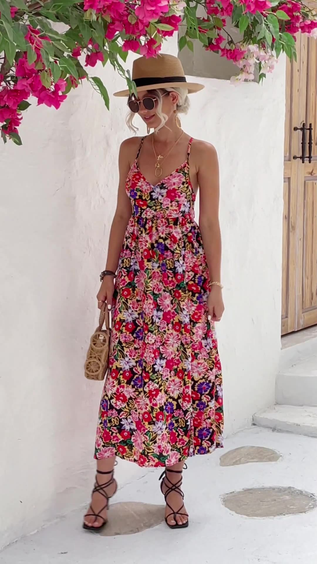 Spaghetti Strap Deep V-Neck Open Back Floral Side Slit Maxi Dress