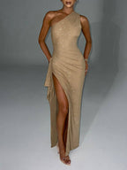 One-Shoulder Shimmer Ruched High Slit Maxi Gown