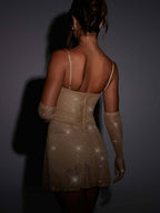 Glitter Mesh Sweetheart Spaghetti Strap Bustier Side Slit Bodycon Mini Dress