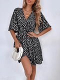 Dalmatian Print Flutter Sleeve Wrap Tie Waist Mini Dress