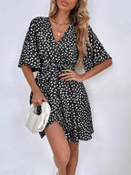 Dalmatian Print Flutter Sleeve Wrap Tie Waist Mini Dress