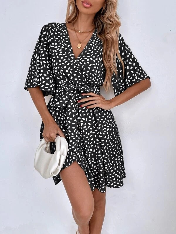 Dalmatian Print Flutter Sleeve Wrap Tie Waist Mini Dress