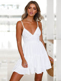 Lace Insert Tiered Ruffle Spaghetti Strap Deep V-Neck Mini Dress
