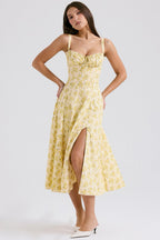 Ditsy Floral Print Sweetheart Corset Front Slit Midi Dress