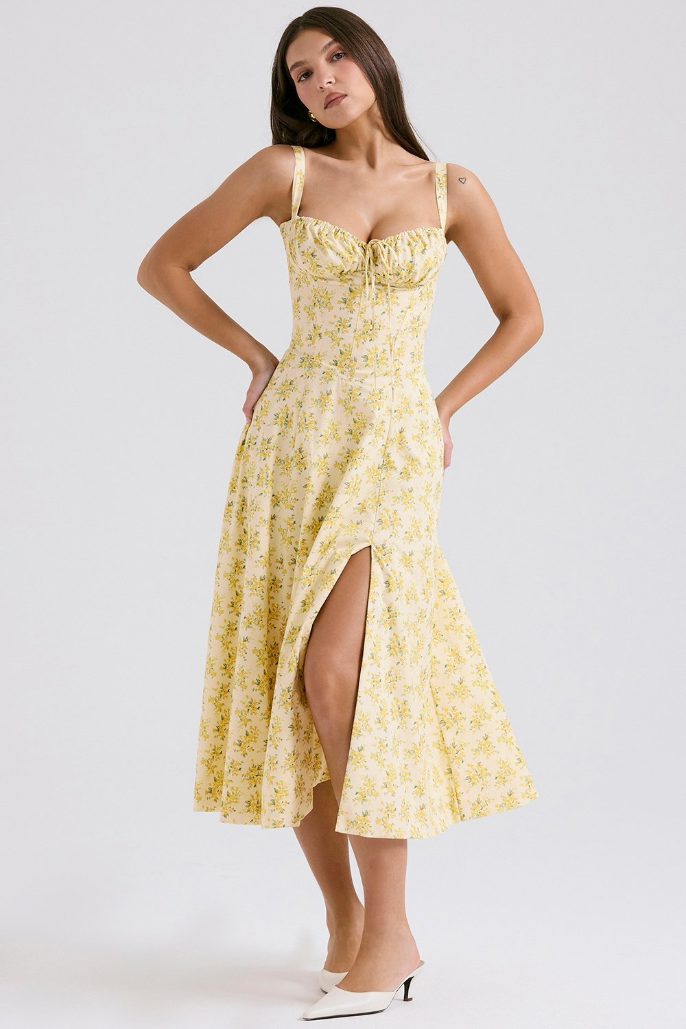 Ditsy Floral Print Sweetheart Corset Front Slit Midi Dress