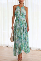 Floral Print Halter Neck Keyhole Cutout Pleated Handkerchief Hem Maxi Dress