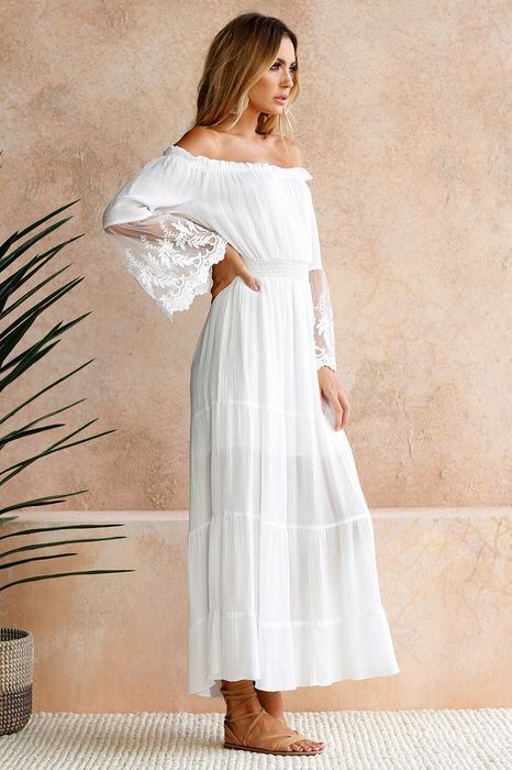 Off Shoulder Lace Embroidered Bell Sleeve Smocked Tiered Maxi Dress