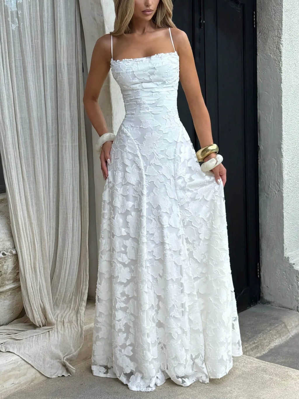 Square Neck Spaghetti Strap Floral Applique Tiered A-Line Maxi Dress