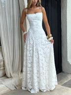 Square Neck Spaghetti Strap Floral Applique Tiered A-Line Maxi Dress