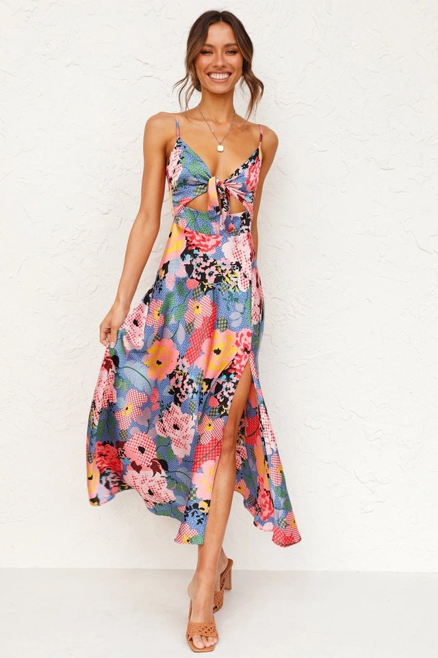 Floral Print Tie Front Underbust Cutout Spaghetti Strap High Slit Midi Dress