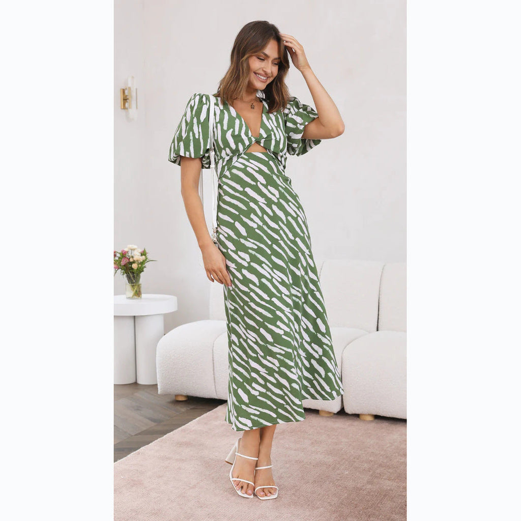 Abstract Brushstroke Print Twist V-Neck Midriff Cut Out Puff Sleeve Midi Dress