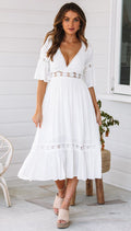 Deep V-Neck Crochet Lace Empire Waist Tiered Ruffle Hem Midi Dress