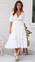 Deep V-Neck Crochet Lace Empire Waist Tiered Ruffle Hem Midi Dress