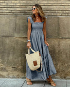 Gingham Print Smocked Square Neck Cap Sleeve Tiered Maxi Dress