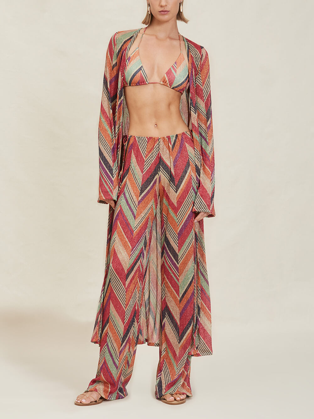 Chevron Geometric Print Bell Sleeve Wrap Tie Waist Maxi Dress