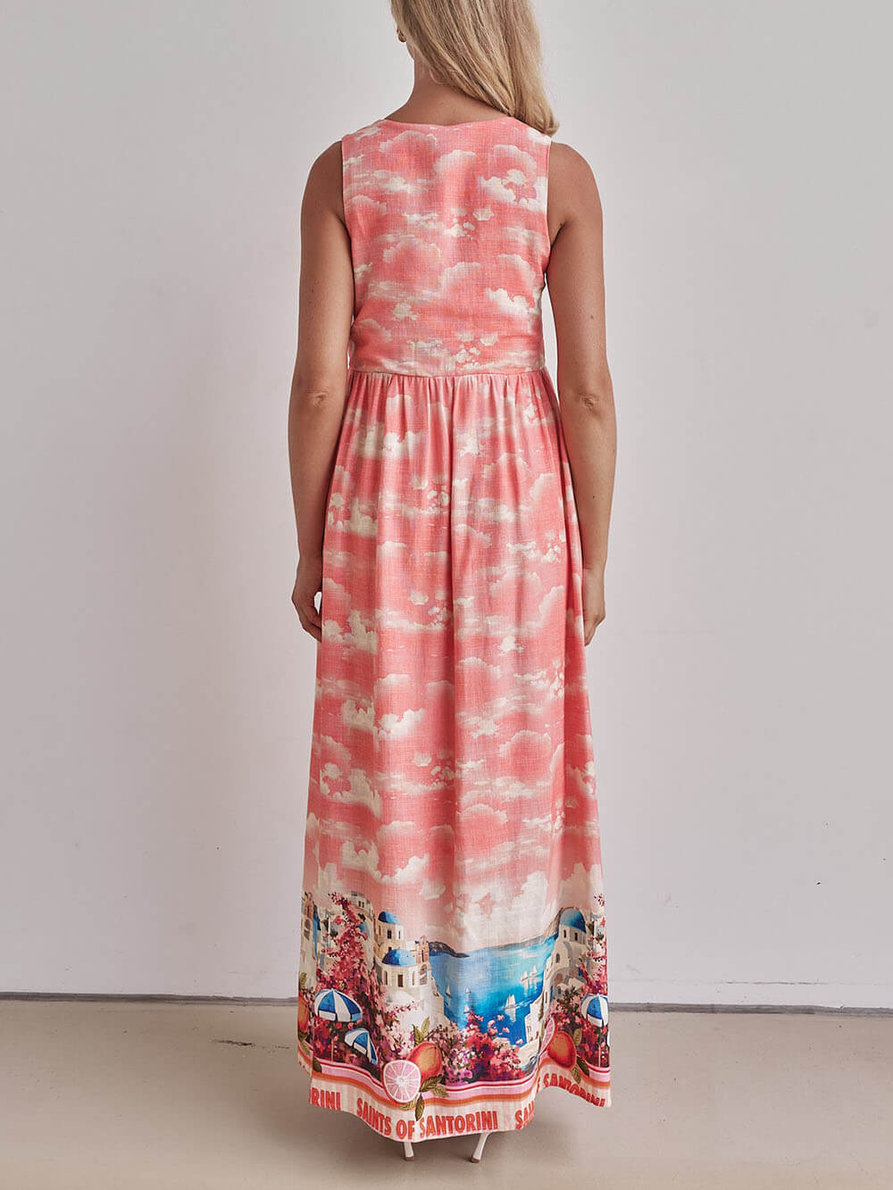Wide Strap V-Neck Tie Front Cloud Print Scenic Border Maxi Dress